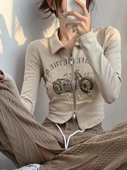 Voguable Streetwear Sexy Crop Moto T Shirts Women Vintage Slim Back Lace Up Tops American Harajuku Letter Double Zipper Spring Tees voguable