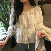 Voguable Chic Spring Candy Color Belted round Neck Long Sleeve Loose Slimming Age-Defying Women's Shirt French Style Cotton Polyester lollapalooza outfit spring outfits voguable