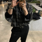 Voguable Korean Plaid Shirt Men Oversized Fashion Retro Casual Shirt Men Streetwear Loose Long Sleeved Shirt Mens Black Vintage Shirts voguable