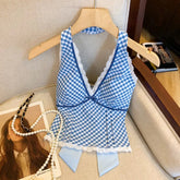 French Sweet Spicy Camis Hanging Neck Camisole Lace Patchwork Plaid Print Short Top Sexy Deep V-neck Bandage Halter Crop Tops voguable