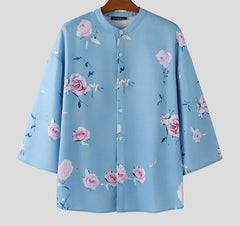 2025Men Shirt Flower Printing Stand Collar 3/4 Sleeve Oversize Men Clothing Streetwear Korean Style Casual Male Shirts voguable