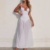 Voguable Sexy Metal Ring Swimwears with Mesh Cover Ups Skirts White One Piece Backless Swimsuit Woman Swimming Wear Bathing Suit voguable