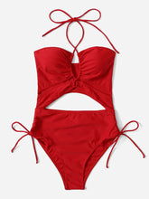 Voguable Drawstring Swimsuit Solid Cut Out Knot Halter One Piece Swimwear Women Padded Bathing Suit Female Swimming Summer Beachwear voguable