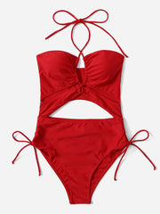 Voguable Drawstring Swimsuit Solid Cut Out Knot Halter One Piece Swimwear Women Padded Bathing Suit Female Swimming Summer Beachwear voguable
