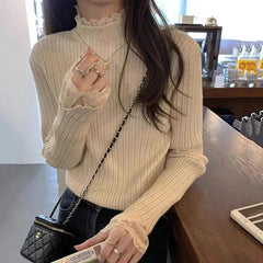 Autumn Winter New Sweaters Women Solid Mock Neck Lace Temperament Fashion Long Sleeve Slim Pullovers Bottoming Shirt Knit Tops voguable