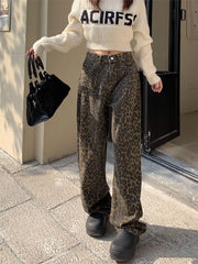 Voguable Vintage Leopard Print Pantalon Femme Wide Leg Pants Women High Waist Straight Y2k Jeans Casual Fashion Korean Jean Trousers voguable