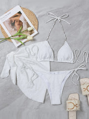 Voguable Luxury Bikini Set with Skirt 3 Pieces Solid White Blue Thong Swimsuit Women Sexy Pearl Designer Bathing Suit Cover Up Swimwear voguable