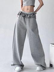 Chic Bright Silk Patchwork Sweatpants Women Loose Streetwear High Waist Casual Pant Fashion Pockets Fall American Gray Trousers voguable