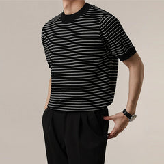 Summer Men's Clothing Luxury Knitted O Collar Striped T Shirt Leisure Korean Popular Short Sleeve Retro Breathable Knitwear voguable