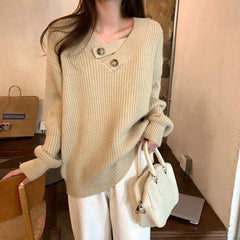 V-neck Knit Pullover Women Slouchy Long Sleeve Drop Shoulder Sweater with Buttoned Strap Cozy Knitwear Autumn Winter Chic Outfit voguable
