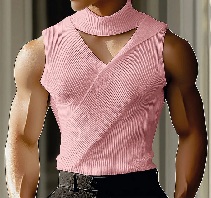 Summer Men Tank Tops Solid Color Knitted Turtleneck Sleeveless Male Vests Tops Hollow Out Sexy Men Clothing Streetwear voguable