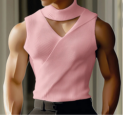 Summer Men Tank Tops Solid Color Knitted Turtleneck Sleeveless Male Vests Tops Hollow Out Sexy Men Clothing Streetwear voguable