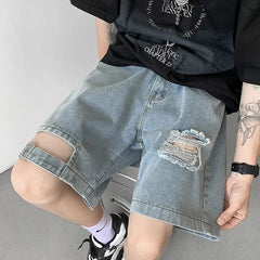Voguable Men Summer Thin American Ripped Denim Versatile Loose Casual Mid-sized Pants voguable