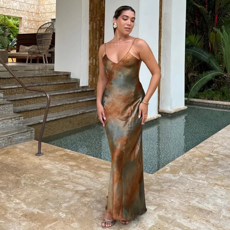 Fashion V-neck Satin Party Dress Vacation Beach Slim Women Long Dress Tie Dye Printing Streetwear Summer Slip Dresses 2025 New voguable