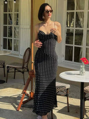 Fashion Polka Dot Print Maxi Dress Women Bandage Backless v-Neck Mesh Elegant Simple Temperament Casual Street Vestidos voguable