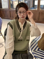 Three-piece Suit for Women Spring Matcha Green Knitted Vest Girly White Shirt Black Pleated Skirt College Style Suit Female voguable