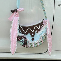 Harajuku Y2k Aesthetic Ins Underarm Bag Women Contrast Color Plaid Rabbit Ear Canvas Bag Grunge Patchwork Lace Shoulder Handbags voguable