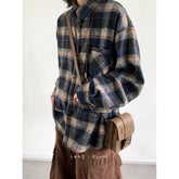 Autumn New Woolen Plaid Shirt for Men and Women Cityboy Apanese Vintage Lapel Buttons Loose All-match Long Sleeve Plaid Shirt voguable