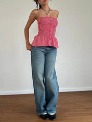 Y2k Red Gingham Crop Top Womean Sexy Strapless Ruffle Hem Sleeveless Button Cami Coquette Aesthetic Plaid Print Crop Top Summer voguable