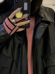 Spring Autumn Cool Retro Casual Oversized Black Waterproof Soft Faux Leather Jackets for Women Zipper Elastic Waist voguable