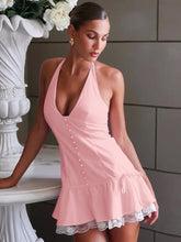 Halter Backless Sexy Mini Dress Women Robe Summer New Lace Patchwork Sleeveless V Neck High Waist Ruffled Dress voguable