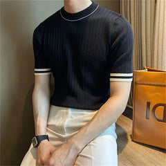 Men's Clothing Fashion Patchwork Tops Luxury High Quality Knit O Neck Short-sleeved T-shirt Leisure Popular Retro Slim Knitwear voguable