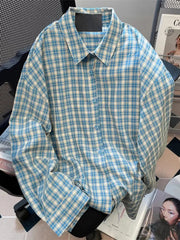 Retro Blue Plaid Shirt Women Casual Fall Long Sleeve Harajuku Retro Blouse Japan Preppy Style Female Turn Down Collar Tops voguable