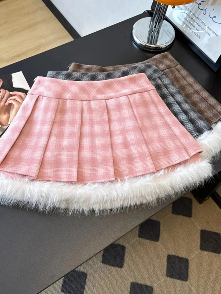 Sexy Sweet Plaid Skirt Women High Waist Faux Woolen Fashion Korean Mini Skirts Fall Winter Preppy Style Slim A Line Skirt voguable