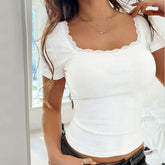 Voguable Fashion Lace Trim Short Sleeve T-shirt Women Solid Color Slim Fit Basic Base Shirt Woman Summer U-Neck High Elastic Fitted Tee voguable