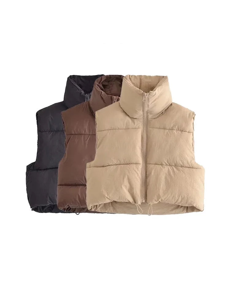 Women Fashion Adjustable Hem Zip-up Crop Padded Waistcoat Vintage High Neck Sleeveless Female Outerwear Chic Vest Tops voguable