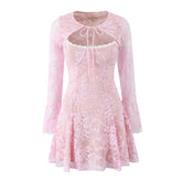 Women Sexy Elegant 2pcs Pink Lace Dresses Thin Straps + Long Sleeve Crop Top Christmas Party Mini Dress Birthday Robe