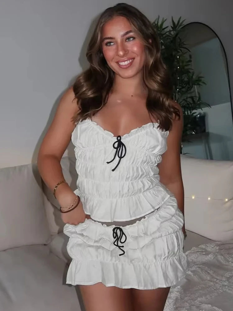 Sexy Lase-up Sweet Shirring 2 Piece Set Women Low-Neck Backless Ruched Camisole+Tierred Skirts Y2K Fashion Streetwear voguable