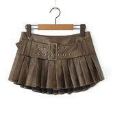 American Retro With Belt Pleated Mini Skirt Women Low Waist Brown Faux Leather Skirts Cool Girl PU Y2K saia