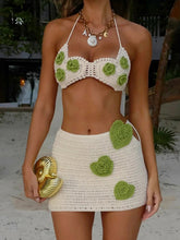 Sexy Crochet Applique 2 Piece Set Women Hollow See Through Halter Bra+Peach Hip Skirts Beach Vacation Matching Clubwear voguable