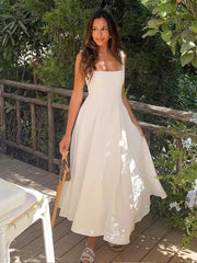 Elegant Square Collar White Long Dress 2025 New Summer A-line Sleeveless Tank's Dress Fashion Vacation Party Wedding Women Dress voguable