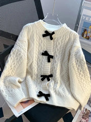 Preppy Style Bow Sweet Cardigan Women Cute Long Sleeve Solid Knitted Sweaters Casual Vintage O Neck Lady Fall Winter Top Outwear voguable