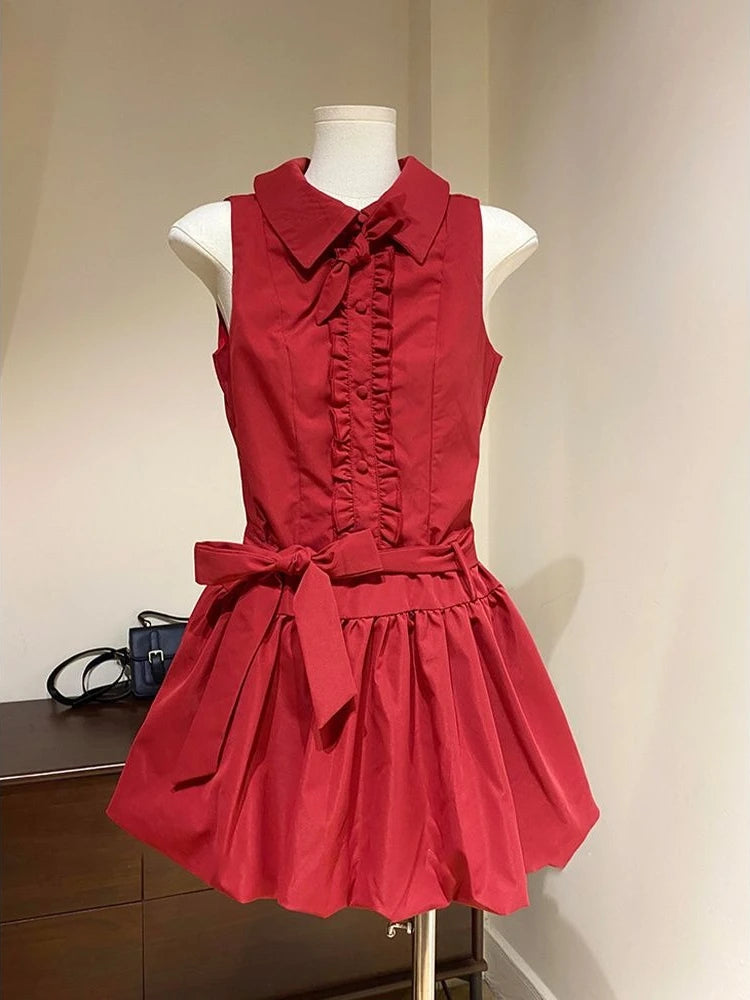 Voguable Lace Up Bud Preppy Style Sweet Dress Slim Short Ball Gown French Style Robe Ruched Elegant Casual Minority Soft Vestidos voguable