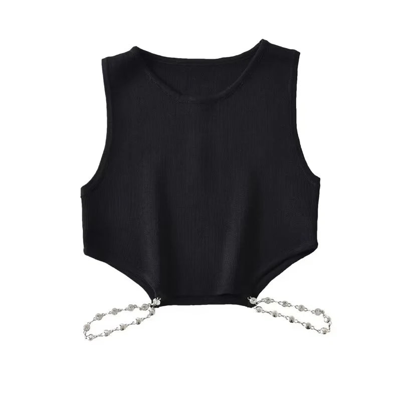 Voguable  Women Black Sexy Cut Out Knit Top O Neck Sleeveless Female Summer Crop Tank Tops voguable