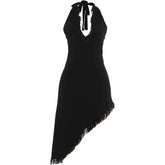 Voguable Sexy Tassel Patchwork Dress Women Fashion Halter Bandages Irregular Hem Deep V-Neck Simple Elegant Party Club Bodycon voguable