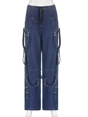 Y2k Bandage Cargo Jeans Punk Metal Blue Baggy Streetwear Pants Women Korean Grunge Aesthetic Jeans Stylish Vintage 90s voguable