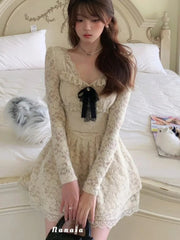 Women's Vintage Lace Short Dresses Bow Long Sleeves Ruffles Square Collar A-Line Fashion Dress 2025 New Korean Prom Vestidos voguable
