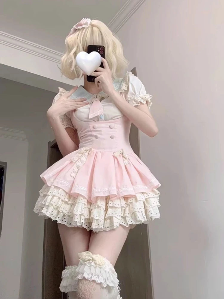Voguable 2024 Lolita Kawaii 2 Piece Sets Women Cute Slim Blouse Blouse + Sweet Lace Sleeveless Y2k Mini Dress Japanese Style Fashion Suit voguable