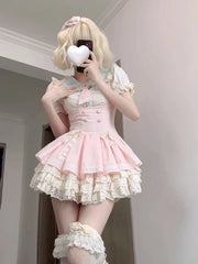 Voguable 2024 Lolita Kawaii 2 Piece Sets Women Cute Slim Blouse Blouse + Sweet Lace Sleeveless Y2k Mini Dress Japanese Style Fashion Suit voguable