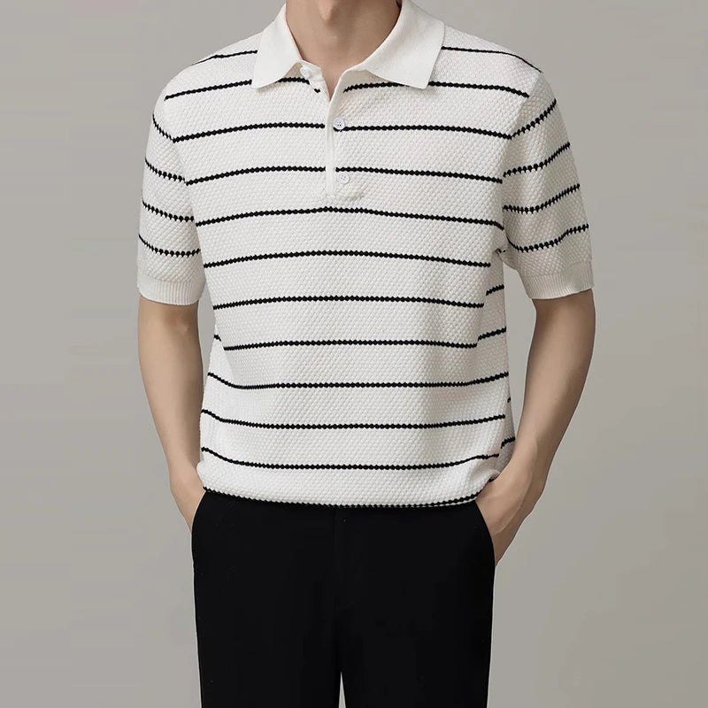 Men's Clothing Light Luxury Business Striped Polo Shirt Casual Slim-fit Knitted Short Sleeve T-shirt High Quality Patchwork Tops voguable