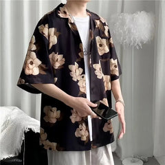 Loose Shirts Men Turn-down Collar Printing European Style Pockets Slouchy Temperament Holiday Hipster Short Sleeve Summer Chic voguable