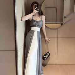 Voguable Women Satin Cami Maxi Dress Beaded Scoop Neck Ruched High Waist Color Block Flowy Wedding Guest Evening Formal Gown Vestidos voguable