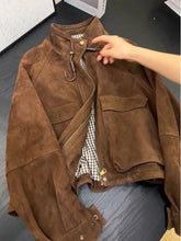 Voguable Women Brown Vintage Jacket Autumn Stand Collar Zipper Lace Up Korean Coats Long Sleeve Y2K Streetwear Pocket Hottie New Outwear voguable