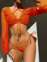 3-Pieces Women Solid Push-Up Padded Bra Ruffles Bandage Bikini Set Swimsuit Swimwear Bathing Suit Beachwear Biquini voguable