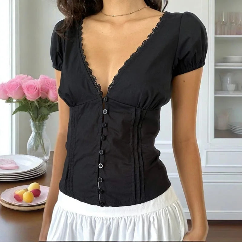 Coquette Shirt y2k Clothes Women Deep V Neck Lace Trim Single Breasted Short Sleeve Blouse Crop Top Club Streetwear voguable