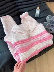 Lazy Wind Women Sweet Cute Cardigan Sweaters Vintage Striped Long Sleeve Loose Knitted Jacket Fall Winter Soft Warm Female Tops voguable